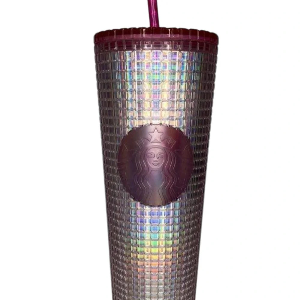 Starbucks Iridescent Pink Silver 'Bubblegum Grid' Cold Cup Tumbler 24 oz NEW
